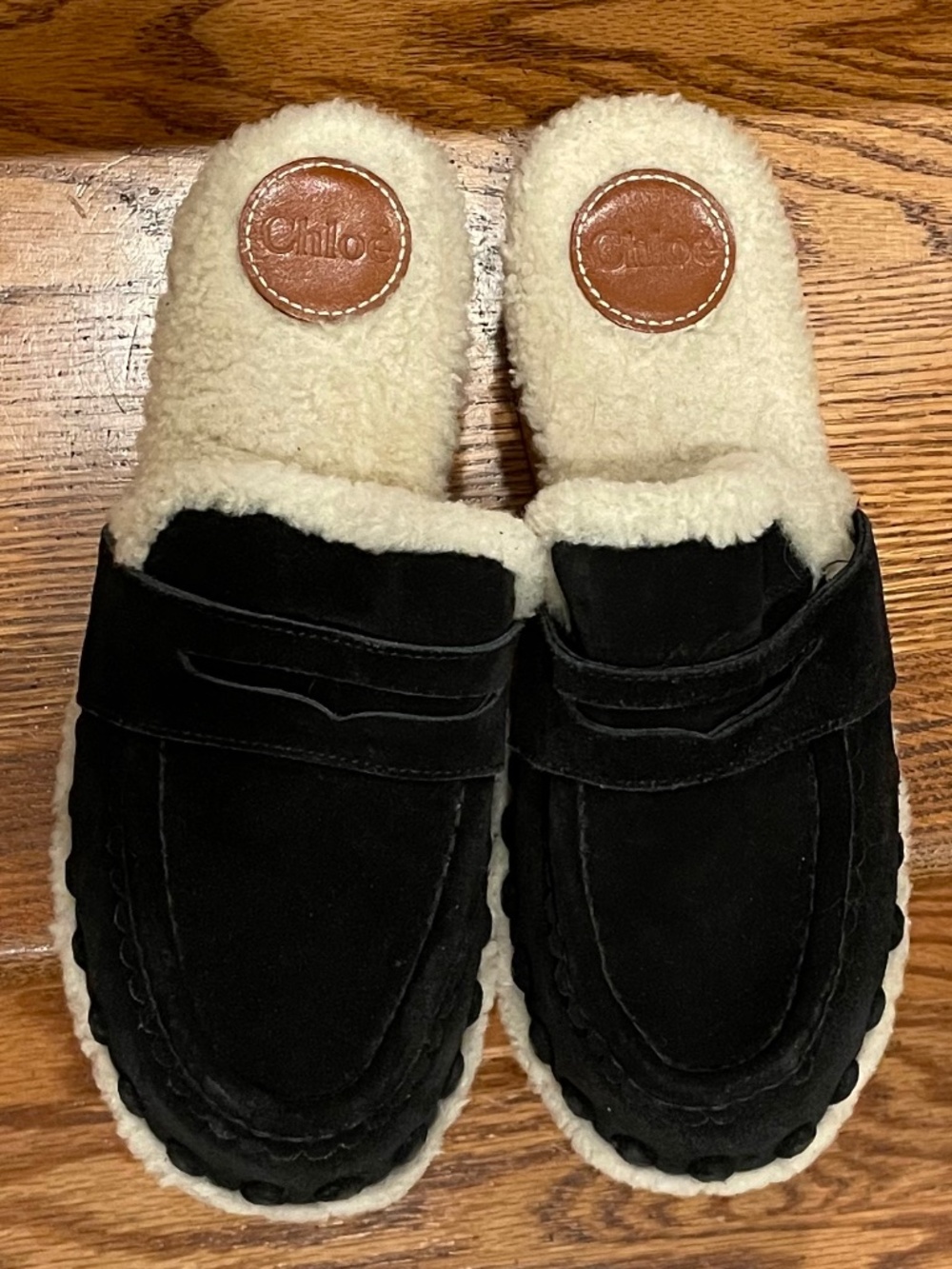 Chloé Joy Black Suede Shearling Lined Platform Clog Mules Sz 36
